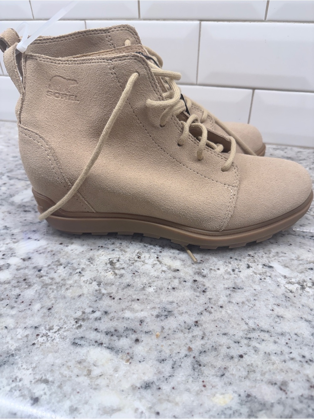 Sorel Beige Suede Lace-Up Wedge Ankle Boot - Picture 2 of 4